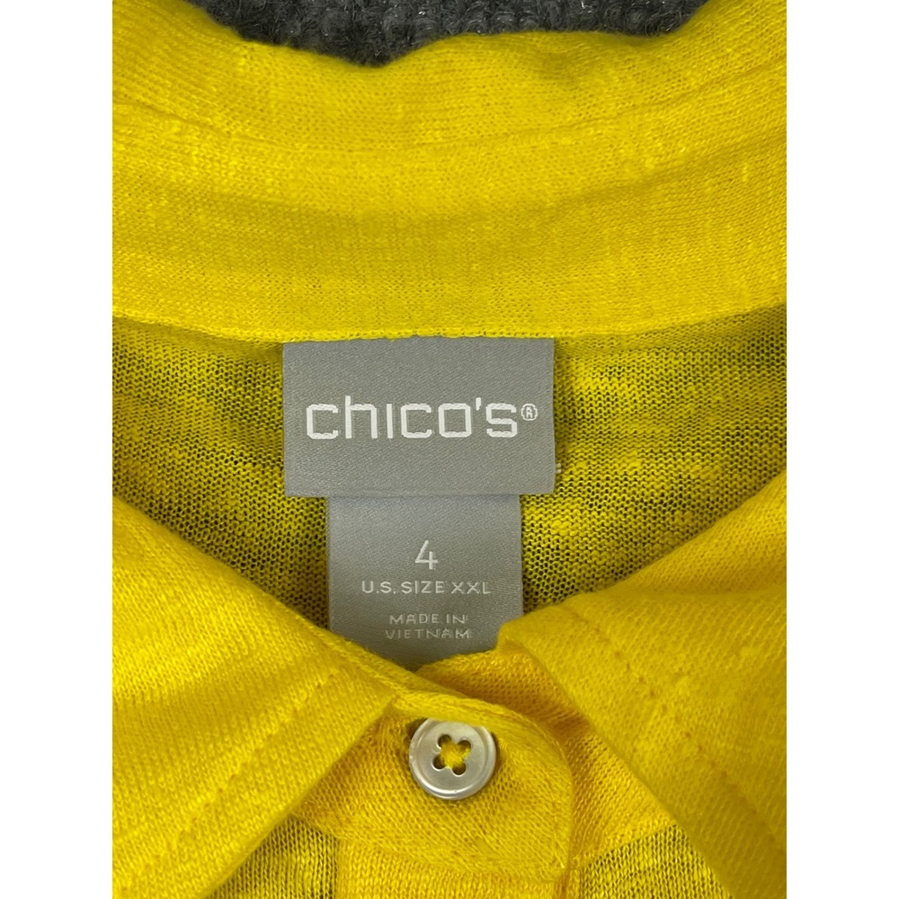 Chico's Linen Button Up Shirt Womens 4 XXL Yellow Excellent Short Sleeve Blouse - Picture 3 of 7